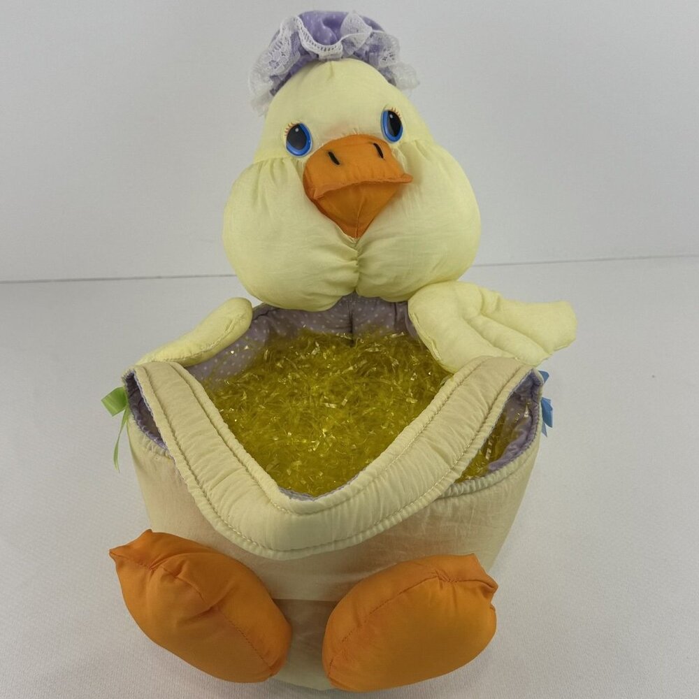 Vintage Nylon Easter Chick Basket Yellow Orange 80's Parachute Mtl Purple Hat